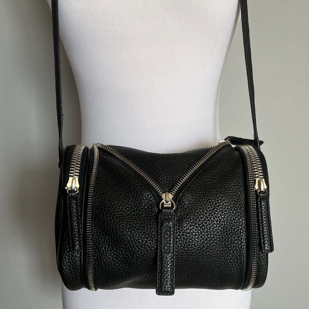 KARA Camera Foldable Pebbled Black Leather Zip Moto Biker Shoulder Purse Bag